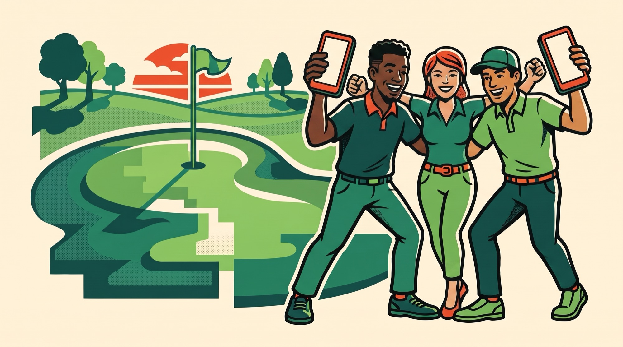 Three friends cheering and holding up their phones on a golf course, competing in a FanSlices fantasy contest.